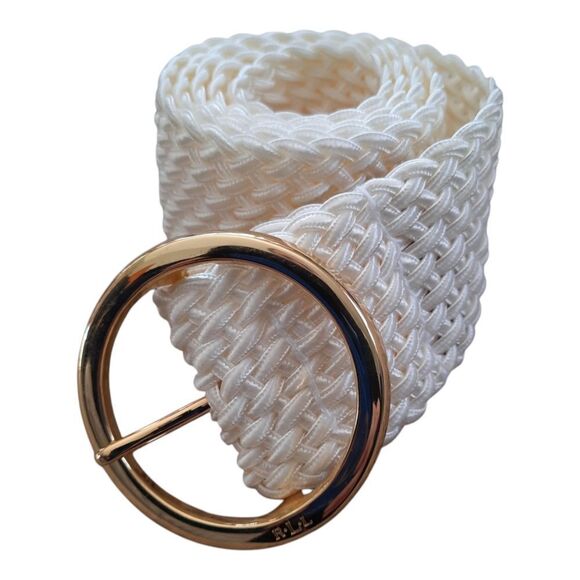 LAUREN RALPH LAUREN GOLDEN RING BUCKLE IVORY BRAIDED BELT - Picture 1 of 4